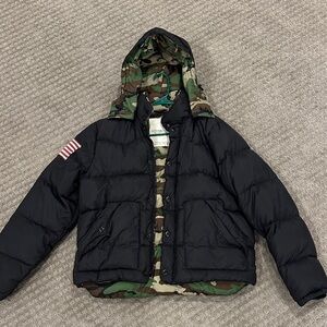 Denim & Supply Ralph Lauren Black Puffer Jacket with Camouflage Lining Down Fill